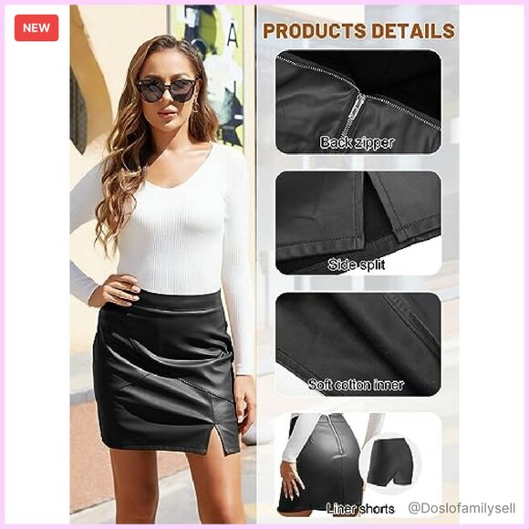 Faux Leather Pencil Skirt High Waisted Bodycon Mini with Built-In Shorts - Picture 6 of 8